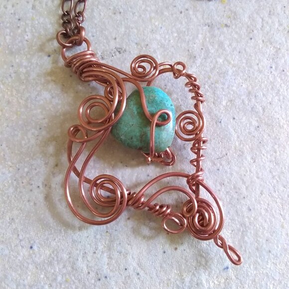 Earth Art hand crafted artisan Jewelry - My Heart Be Still ~ Eclectic Copper Wire Wrap African Turquoise Heart Necklace